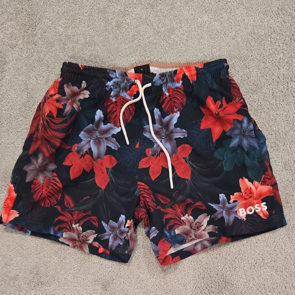 Boss Men's Tropical Floral Swim Trunks - Red and Black